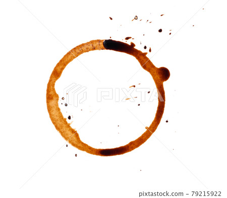 spilled black coffee on a white background. Round blotprint from the bottom of the cup with fine splashes spilled black coffee on a white background. Round blotprint from the bottom of the cup with fine splashes 79215922