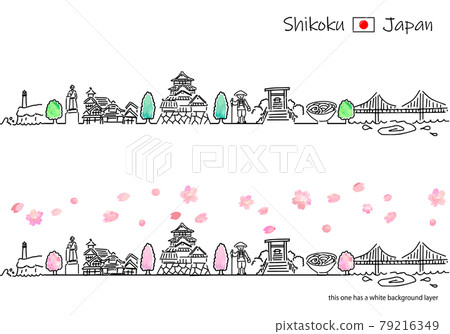 Simple line drawing set of the cityscape of Shikoku in spring 79216349