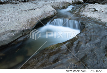 Small waterfall with small in mountain valley river Small waterfall with small in mountain valley river 79216549