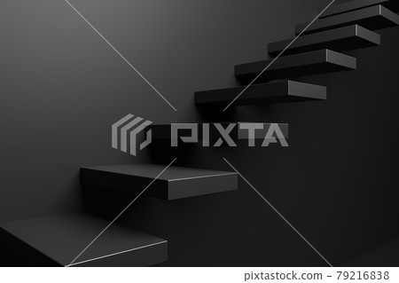 Ascending black stairs in black room close-up, abstract 3D illustration. 79216838