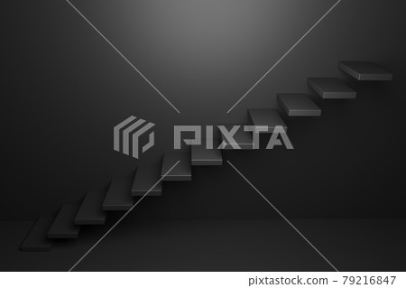 Ascending black stairs in black room 3D abstract illustration 79216847