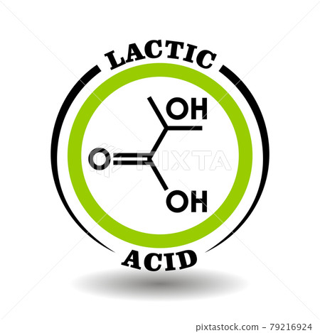 Circle vector icon with chemical formula of Lactic Milk Acid symbol for packaging signs of cosmetics, tags of medical products with lactate ingredients 79216924