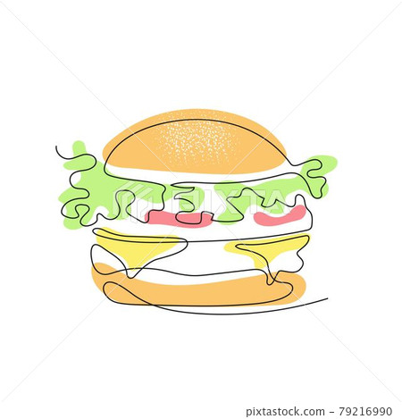Burger is drawn with one line. Fast food. 79216990