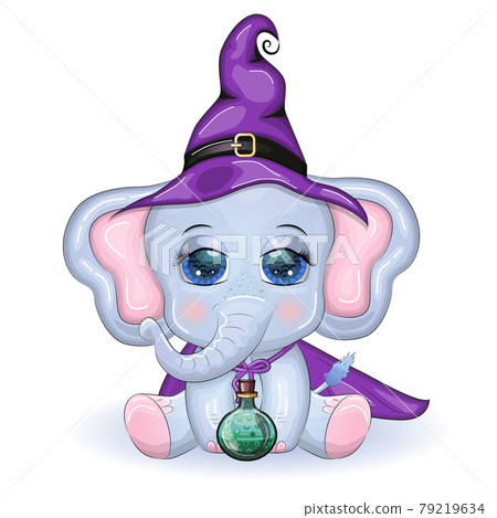 Cartoon elephant with a potion and a broom in a purple witch hat and cloak on the background of the castle, pumpkin, moon. Halloween 79219634