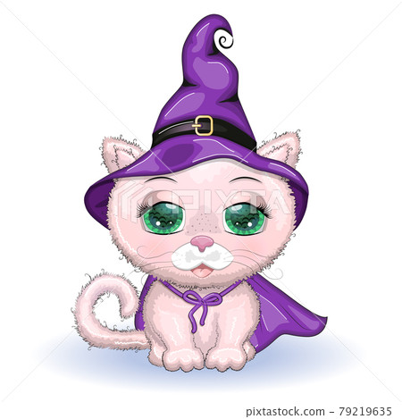 Cartoon cat wearing a purple witch hat and cloak. Halloween 79219635