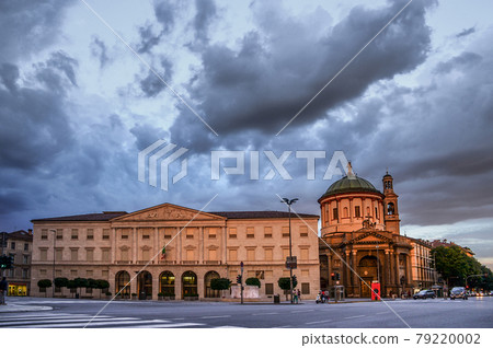 Large street and beautiful buildings in Bergamo, Lower City, famous tourist destination in Lombardy, Italy. Large street and beautiful buildings in Bergamo, Lower City, famous tourist destination in Lombardy, Italy. 79220002