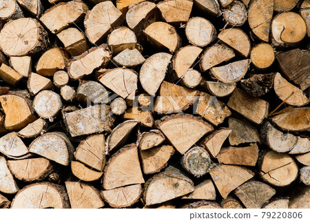Stacked firewood close-up, chopping wood. Logging in the village, rustic lifestyle. 79220806