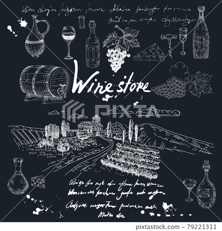 Collection Wine store products and vineyard hand drawn scetch. Grapes, wooden barrel, bottles,chees, glass, corkscrew vintage style unreadable text. Vector illustration black background 79221311