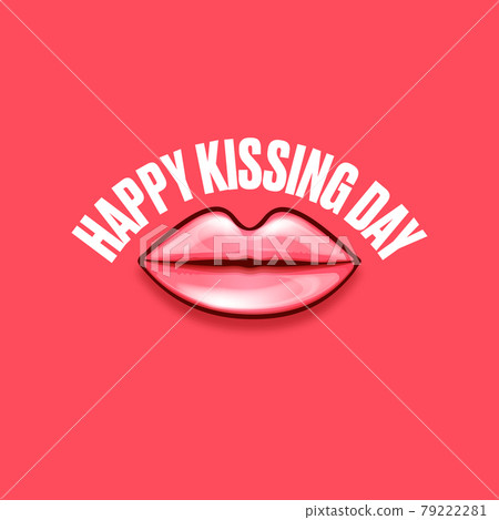 Happy kissing day greeting card or banner with cartoon glossy red lips isolated on pink background. Kiss day concept illustration with sexy smiling woman mouth icon Happy kissing day greeting card or banner with cartoon glossy red lips isolated on pink background. Kiss day concept illustration with sexy smiling woman mouth icon 79222281