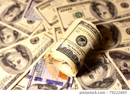 A bundle of one hundred dollar bills on table. Money account concept. US one hundred dollar bills  79222665