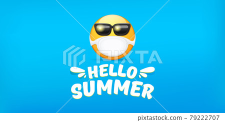 Hello summer concept with yellow Emoji sticker with mouth medical protection mask and sunglasses isolated on blue horizontal banner background. Vector hello summer poster or flyer with emoji Hello summer concept with yellow Emoji sticker with mouth medical protection mask and sunglasses isolated on blue horizontal banner background. Vector hello summer poster or flyer with emoji 79222707