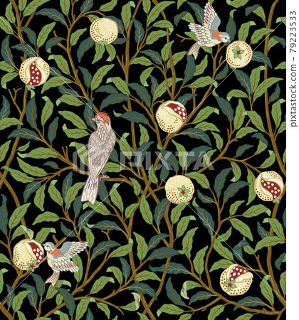Vintage birds in foliage with birds and fruits seamless pattern on dark background. Middle ages William Morris style. Vector illustration. Vintage birds in foliage with birds and fruits seamless pattern on dark background. Middle ages William Morris style. Vector illustration. 79223533