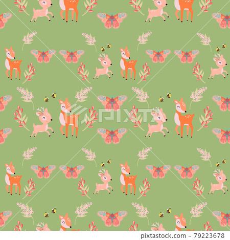 Seamless pattern with cute deer and flowers - Stock Illustration ...