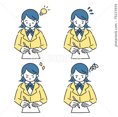 學習各種面部表情的女學生 學習各種面部表情的女學生 79223934