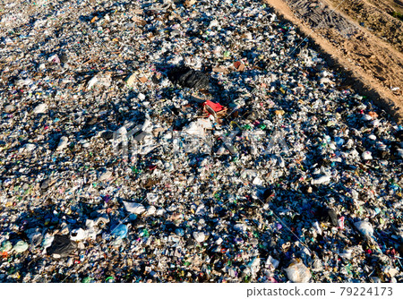 Garbage dump with plastic bags and food waste. Recycling of waste on junk yard. 79224173