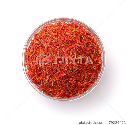 Top view of dried saffron threads in glass cup Top view of dried saffron threads in glass cup 79224431