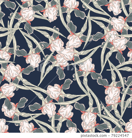 Random vintage style seamless pattern with simple iris flowers silhouettes. Navy blue background. 79224547