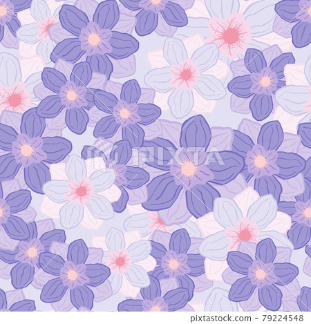 Summer style seamless pattern with purple colored anemone flowers shapes. Pastel colored artwork. Summer style seamless pattern with purple colored anemone flowers shapes. Pastel colored artwork. 79224548