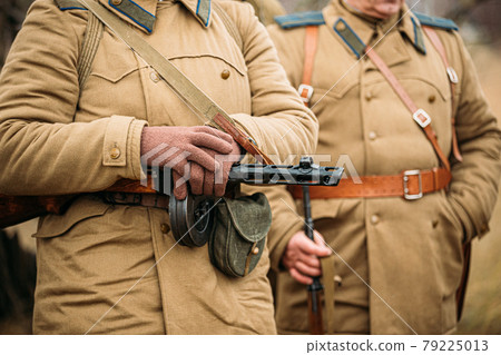 Re-enactor Dressed As Russian Soviet Infantry Soldier Of World War II With Sub-machine Gun Weapon. Red Army Soldier Of WWII WW2 Times 79225013