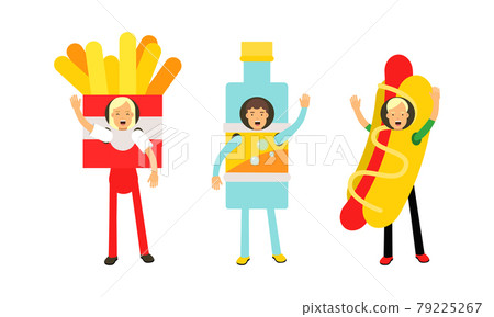 People Character Wearing Food Costumes Standing and Waving Hand Vector Illustration Set People Character Wearing Food Costumes Standing and Waving Hand Vector Illustration Set 79225267