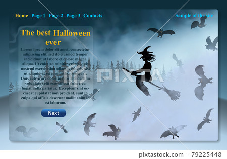Beautiful website design with witch sitting on the broom flying through fog clouds up above the dark 79225448
