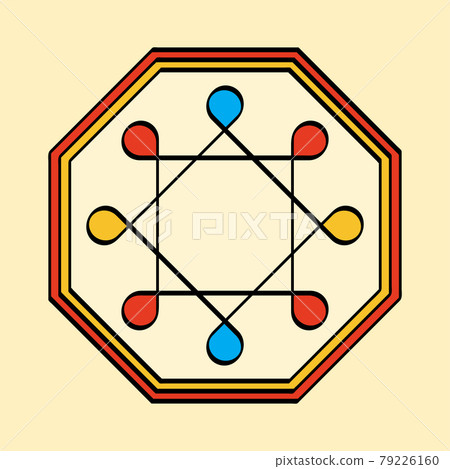 Colored Ring of Solomon in an octagonal frame, a yantra on yellowish background. Two overlapping squares with looped corners. Ancient symbol, used as protection on a ring, amulet or talisman. Vector. Colored Ring of Solomon in an octagonal frame, a yantra on yellowish background. Two overlapping squares with looped corners. Ancient symbol, used as protection on a ring, amulet or talisman. Vector. 79226160
