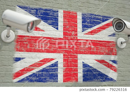 Wall with national flag of the United Kingdom and CCTV cameras. Privacy or surveillance system related conceptual 3D rendering 79226316