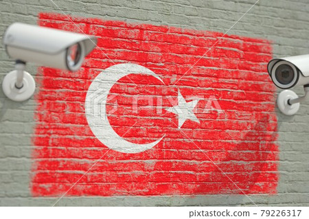 Wall with national flag of Turkey and CCTV cameras. Privacy or surveillance system related conceptual 3D rendering Wall with national flag of Turkey and CCTV cameras. Privacy or surveillance system related conceptual 3D rendering 79226317