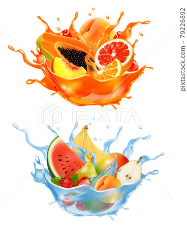 Sweet exotic juice and water splash. Whole and sliced papaya, cherry, peach, grapefruit and orange, banana, watermelon, pear in a sweet juce and water with splashes and drops. 3D. Vector. 79226892