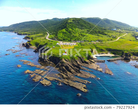 Aerial view of Cape Benkei in Suttsu-cho, Hokkaido in early summer 79227924