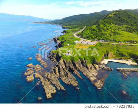 Aerial view of Cape Benkei in Suttsu-cho, Hokkaido in early summer 79227925