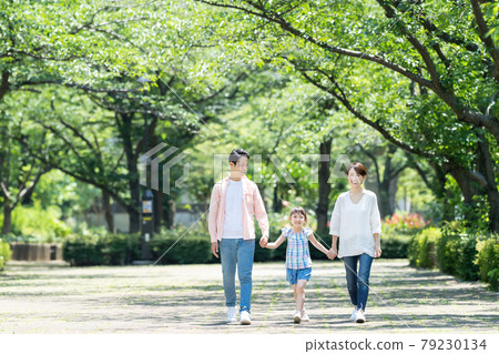 Parent and child walking park elementary school student family image 79230134