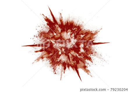 Brown color powder explosion on white background.  79230204