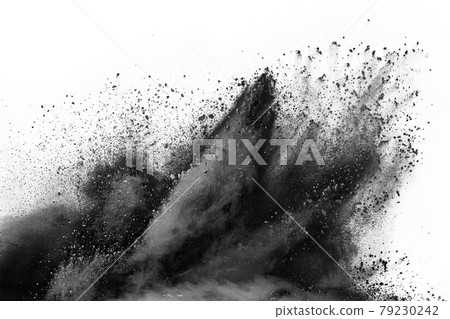 particles of charcoal on white background,abstract powder splatted on white background,Freeze motion of black powder exploding or throwing black powder. particles of charcoal on white background,abstract powder splatted on white background,Freeze motion of black powder exploding or throwing black powder. 79230242
