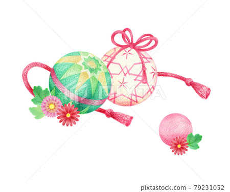Japanese style illustration of Temari, flowers and strings Hand-painted colored pencil drawings 79231052
