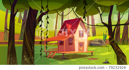Wooden stilt house in summer forest. Old shack Wooden stilt house in summer forest. Old shack 79232926