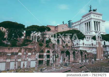 Panoramic view of temple of Venus Genetrix is ruined temple and forum of Caesar 79234273