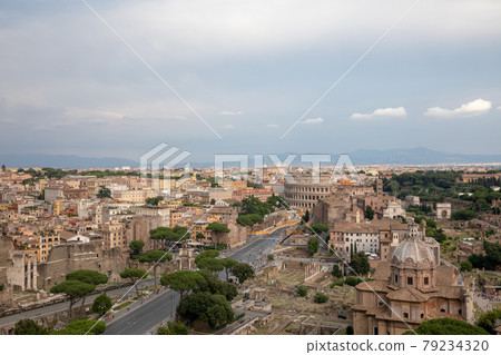 Panoramic view of city Rome with Roman forum and Colosseum from Vittoriano 79234320