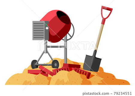 Concrete Mixer, Shovel and Bricks in Pile of Sand. 79234551