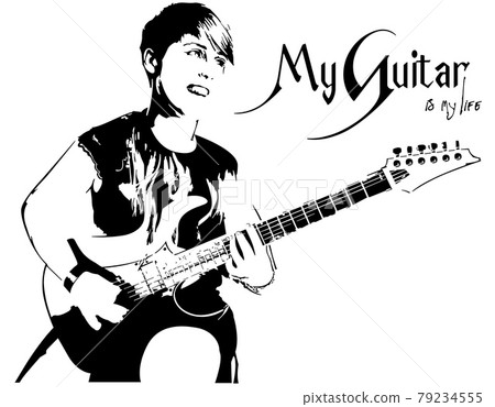 Black and White Sketch of Guitarist Woman 79234555