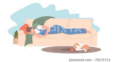 girl sleeping on couch in her living room dog relaxing on carpet coronavirus quarantine stay home girl sleeping on couch in her living room dog relaxing on carpet coronavirus quarantine stay home 79235713