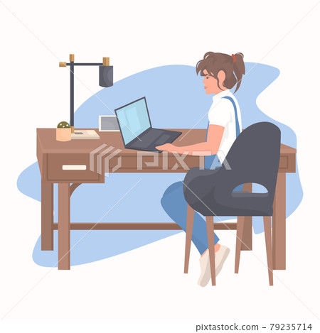 young woman freelancer sitting at workplace using laptop coronavirus quarantine freelance concept young woman freelancer sitting at workplace using laptop coronavirus quarantine freelance concept 79235714