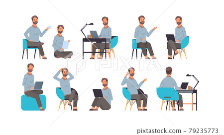 set businessman sitting in different poses gesture emotions and body language concept 79235773