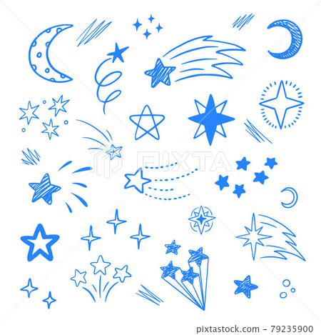 Vector set of different doodle stars. Hand-drawn, doodle elements on the paper background. 79235900