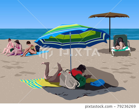 Sunbathing People on the Sandy Beach 79236269