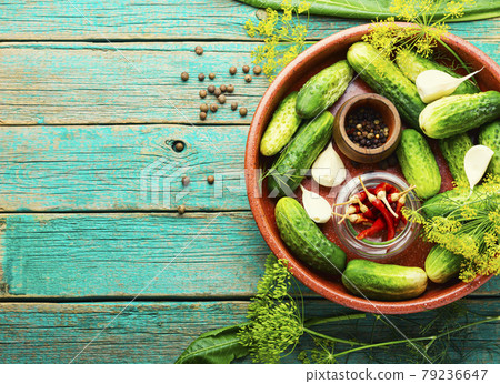 Fresh cucumbers and ingredients for cooking pickled,space for text 79236647