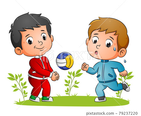 The kids are doing the sport with playing the volleyball and running in the garden The kids are doing the sport with playing the volleyball and running in the garden 79237220