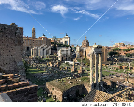 Forum Romanum in Rome, Italy. In a distance Colosseum. 79238838