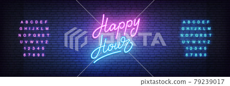 Happy Hour neon template. Glowing neon lettering Happy Hour sign Happy Hour neon template. Glowing neon lettering Happy Hour sign 79239017