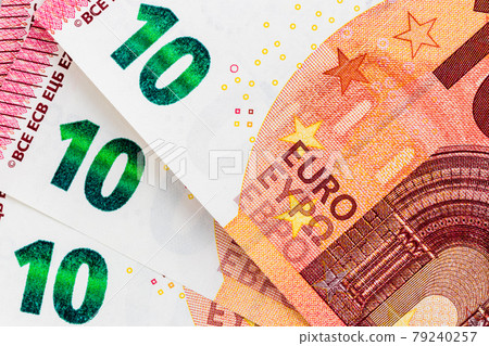 close-up of three 10 euro bills background frontside 79240257
